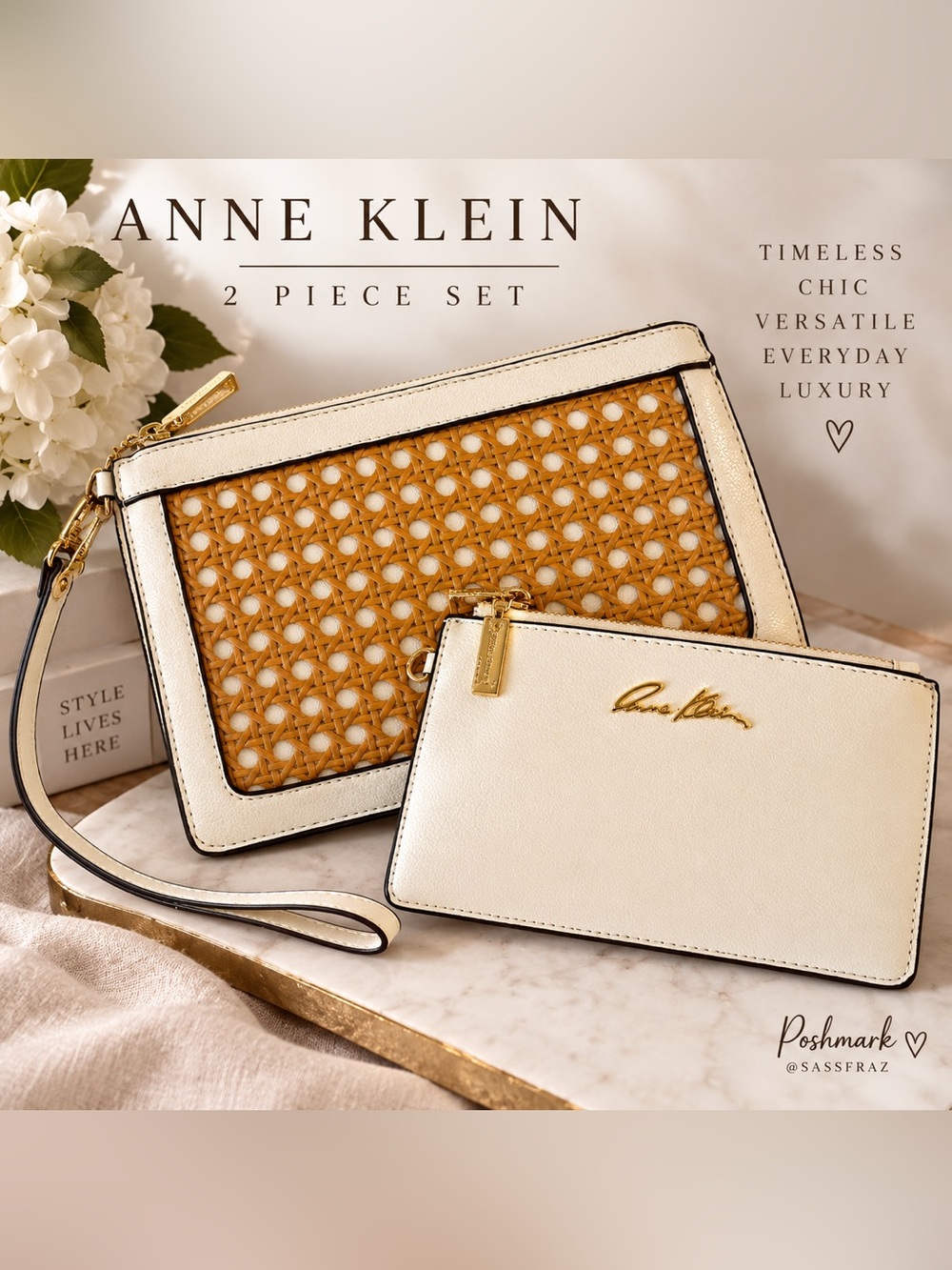 Anne Klein 2 Pc Cane Woven Wristlet Clutch Pouch Set Ivory Tan Gold